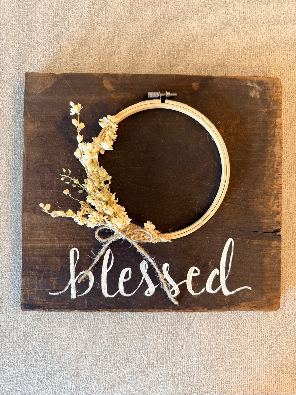 Laura Morgan Brown Wood 'Blessed' Wall Plaque with Cream Floral Hoop